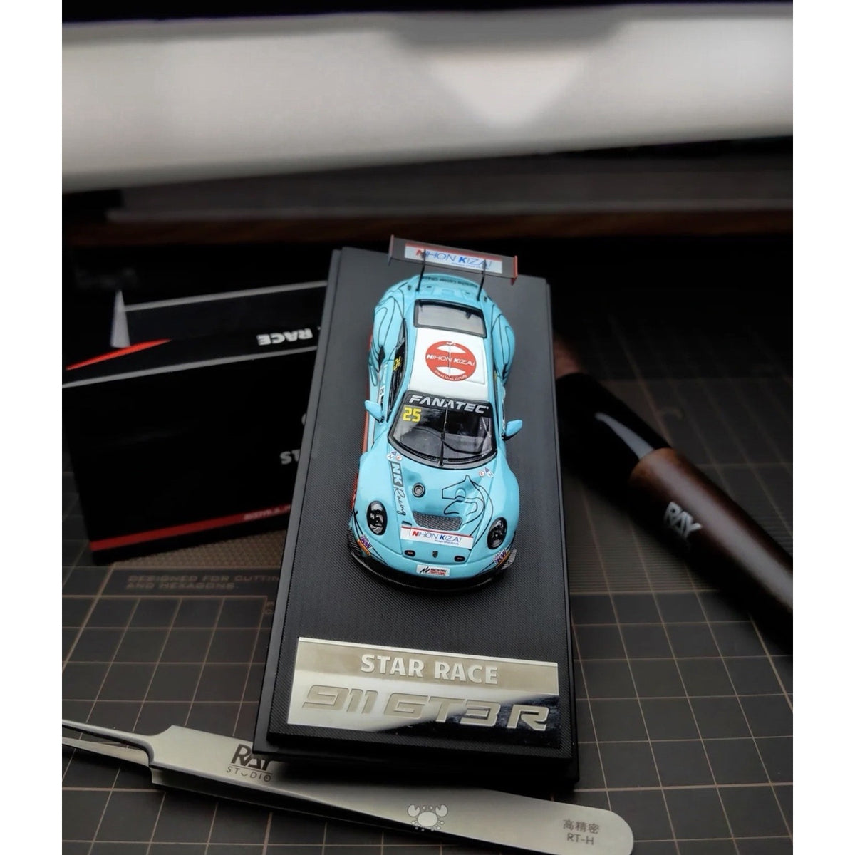SR 1/64 Porsche 911 GT3R #14 Blue Racing with orange wheel Acrylic Diecast Model