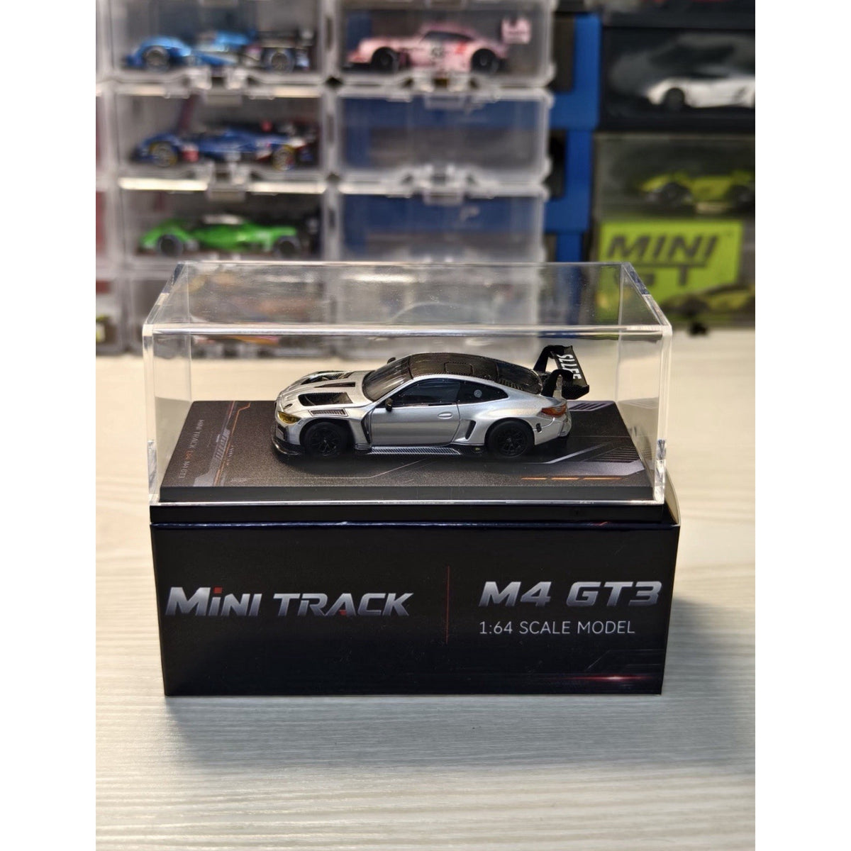 MINITRACK 1:64 BMW M4 GT3 Racing Car Model Diecast Metal Base Carbon Silver