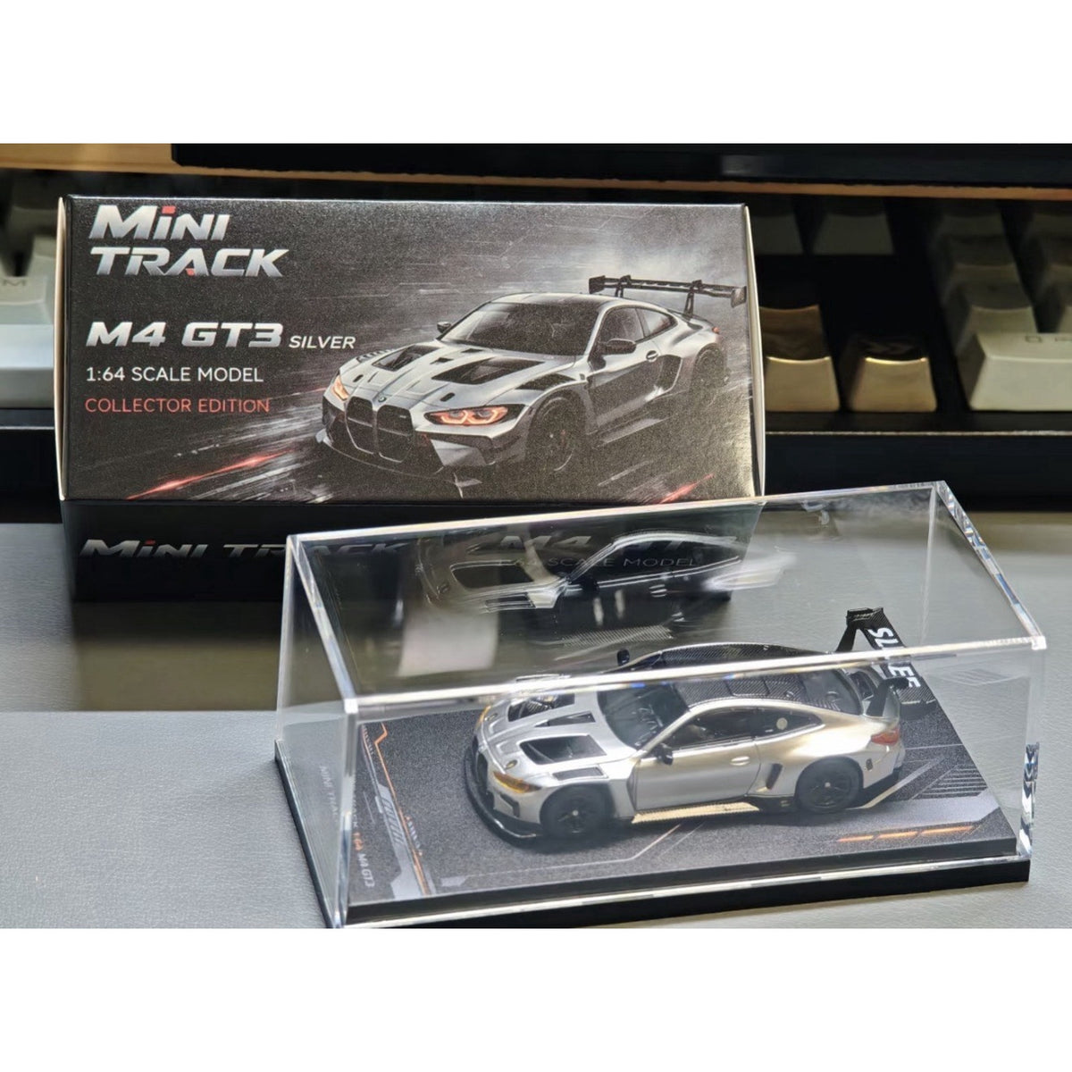 MINITRACK 1:64 BMW M4 GT3 Racing Car Model Diecast Metal Base Carbon Silver