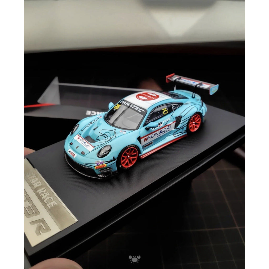 SR 1/64 Porsche 911 GT3R #14 Blue Racing with orange wheel Acrylic Diecast Model