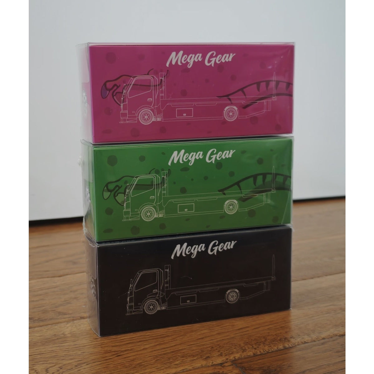 Mega Gear 1:64 Dinosaur H300 Custom Tow Flatbed Truck GREEN PINK BLACK SET