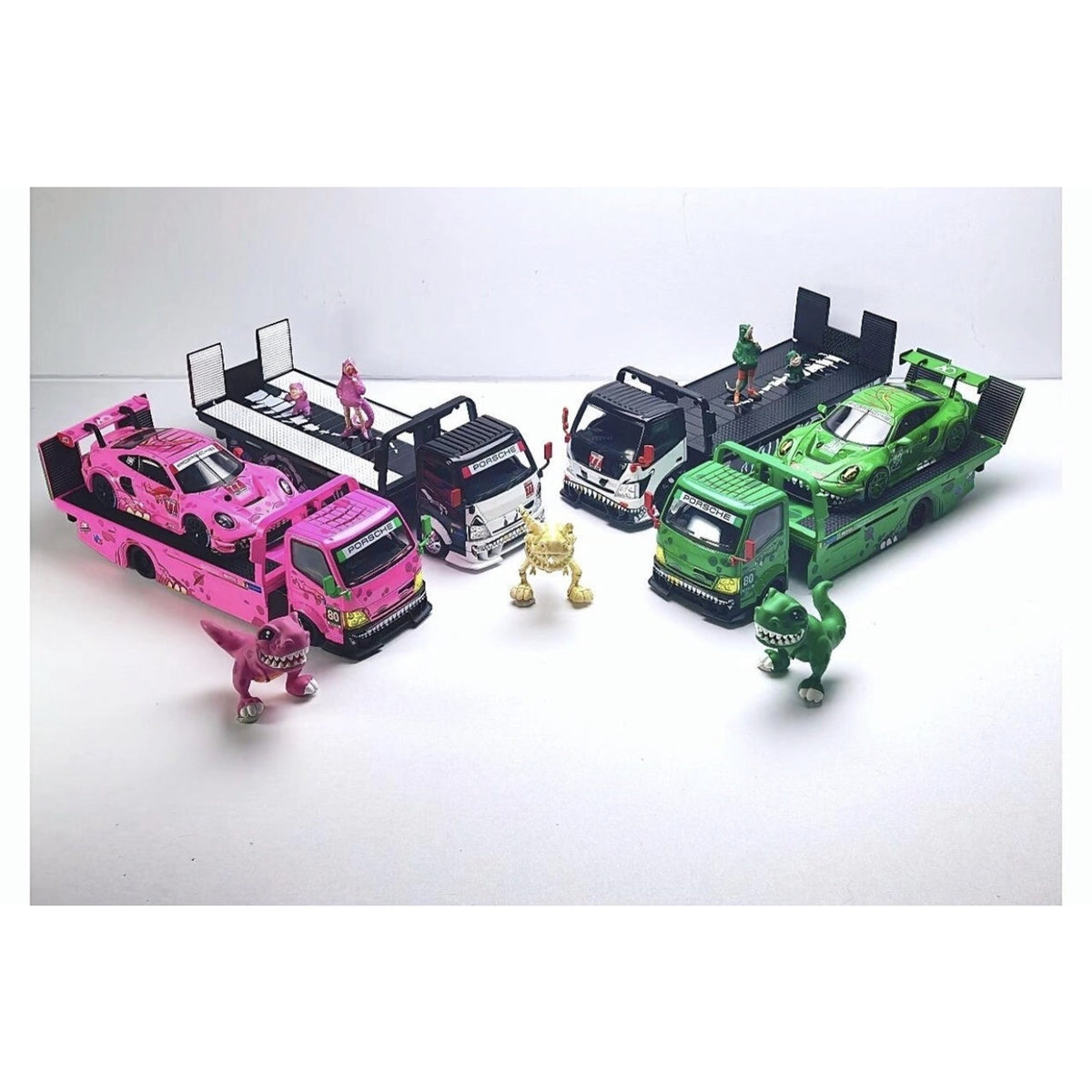 Mega Gear 1:64 Dinosaur H300 Custom Tow Flatbed Truck GREEN PINK BLACK SET