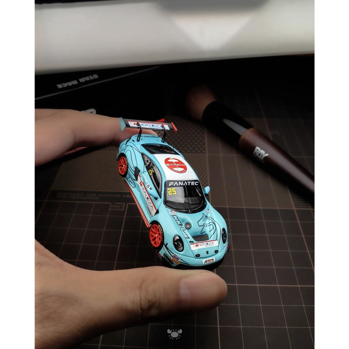 SR 1/64 Porsche 911 GT3R #14 Blue Racing with orange wheel Acrylic Diecast Model