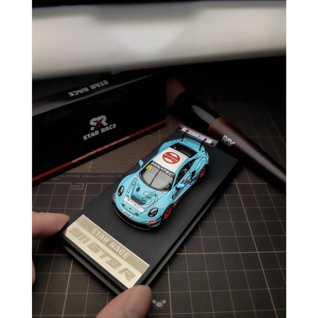 SR 1/64 Porsche 911 GT3R #14 Blue Racing with orange wheel Acrylic Diecast Model