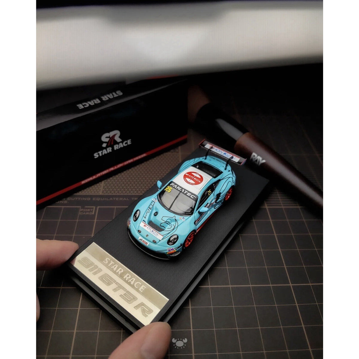SR 1/64 Porsche 911 GT3R #14 Blue Racing with orange wheel Acrylic Diecast Model