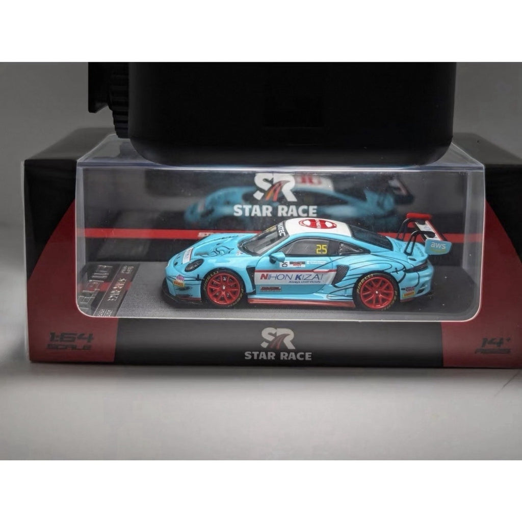 SR 1/64 Porsche 911 GT3R #14 Blue Racing with orange wheel Acrylic Diecast Model