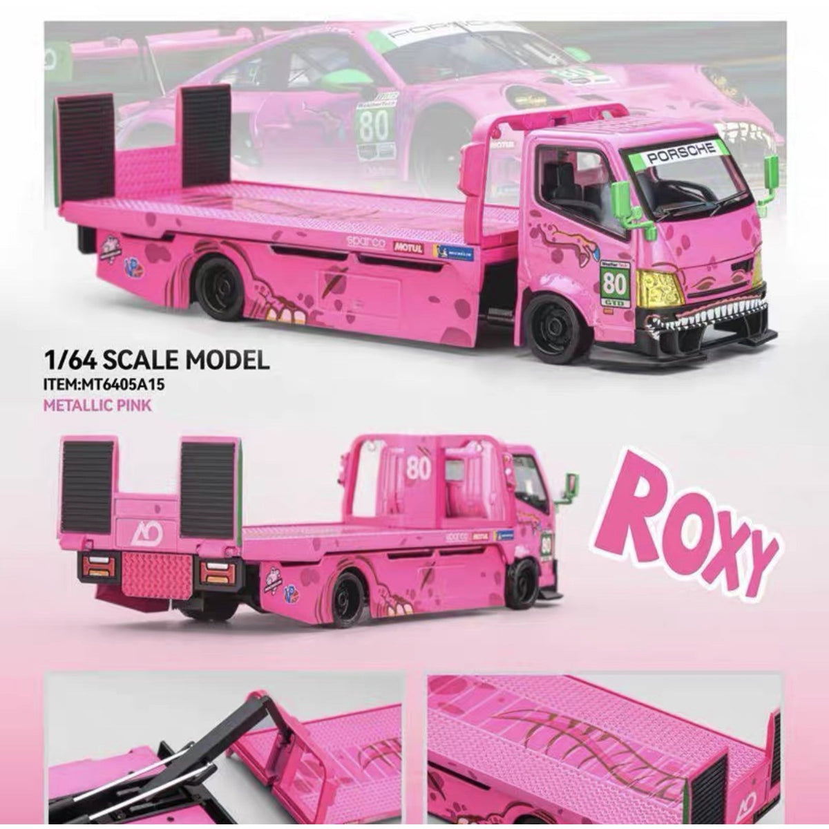 MG 1:64 H300 Custom Tow Flatbed Truck Dinosaur Model Diecast Metal pink US SHIP!