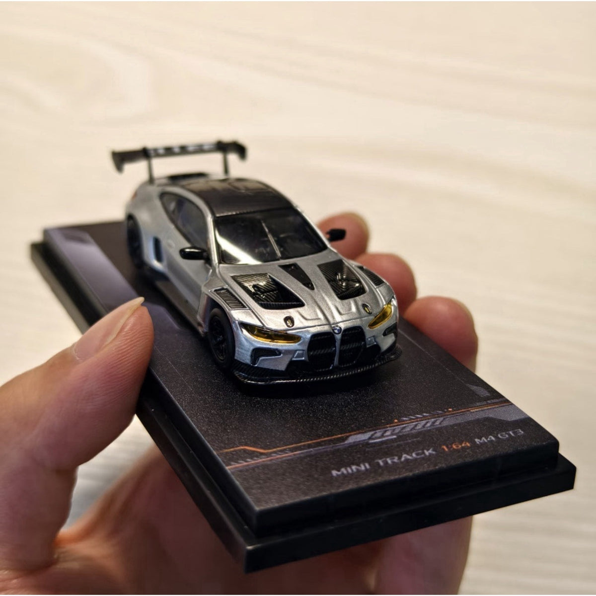 MINITRACK 1:64 BMW M4 GT3 Racing Car Model Diecast Metal Base Carbon Silver