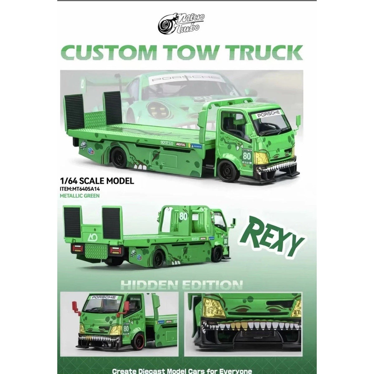 MG 1:64 H300 Custom Tow Flatbed Truck Dinosaur Model Diecast Metal Car green US